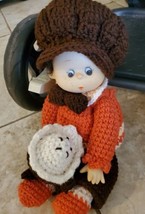 Vintage 80s Crochet Pie ice Cream Doll bonnet  Hair Brown orange. 12 inch - £23.94 GBP