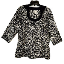 HBA Womens Small Jeweled Black Leopard Print Side Zip 3/4 Sleeve Cotton Top - $16.95