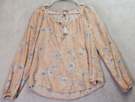FOREVER 21 Blouse Top Womens Size XS Peach Floral Long Sleeve V Neck Drawstring - £10.17 GBP