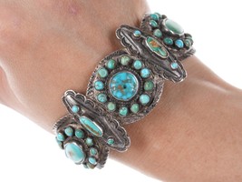 7&quot; 20&#39;s-30&#39;s Navajo Silver Stampwork Turquoise cluster bracelet - £1,304.11 GBP