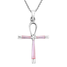 Ankh Hieroglyph Eternal Life Pink Shell Inlaid Sterling Silver Necklace - £17.93 GBP