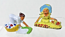 2 Vintage Cast Metal Toy's Women Doing Laundry &amp; Gardening 2 x 2 1/2 inch - $12.38