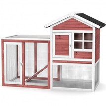 2-Story Wooden Rabbit Hutch with Running Area-White - Color: White - £186.64 GBP