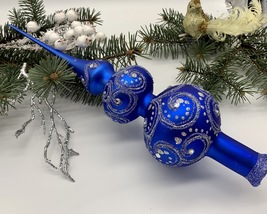 Big blue with silver and blue glitter Christmas glass tree topper, Chris... - $23.35