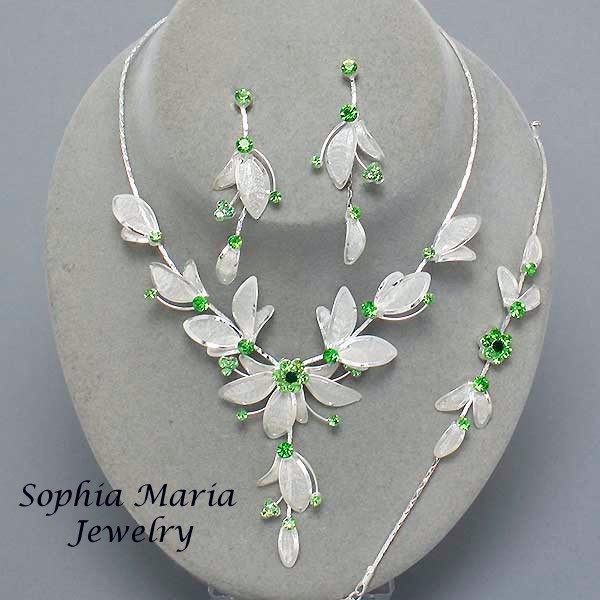 Primary image for Green Flower Crystal 3 piece Bridesmaid Wedding Party Prom Formal Necklace Set