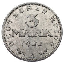 1922-A German 3 Mark 3rd Anniversary of the Constitution Weimar Republic Unc - £24.98 GBP