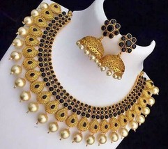 Bollywood CZ Handmade Jewelry Short Bridal Black Choker Necklace Statement Set - £22.77 GBP