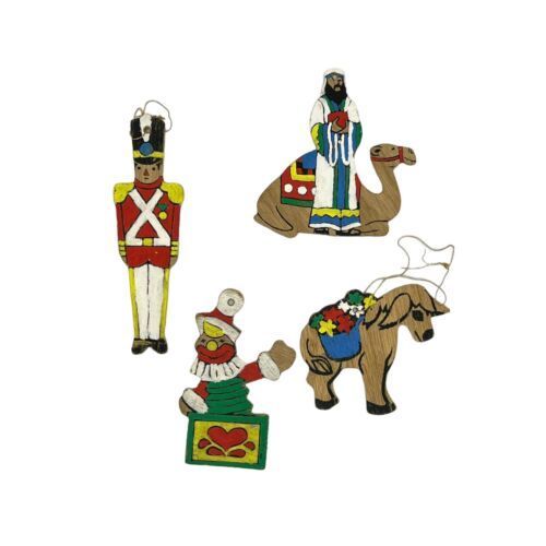 Wooden Cut Out Folk Art Christmas Ornaments Soldier Clown Hand Painted Lot of 4 - $18.66