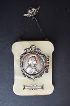 ⭐vintage religious silver plated medal Virgin Mary on onyx w holy branch... - $48.51