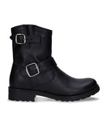 Womens biker boots ankle black vegan leather zipper buckle straps heel elastic - $125.10