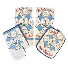 Dish Towels Oven Mitt Pot Holder Anchor Welcome On Board Set of 4 Beach Boat - £18.00 GBP
