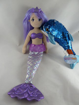 Aurora Mermaid Doll Plush 18&quot; Lavender Hair embroidered face + Sequined Dolphin - £15.78 GBP