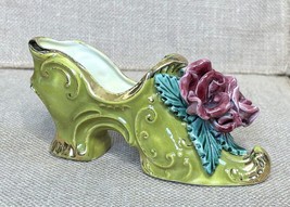 Vintage Porcelain Yellowish Green Victorian Shoe Planter w Applies Red F... - $21.78