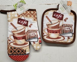 Printed Set of 2:Pot Holder &amp; Oven Mitt,COFFEE CUPS STACK &amp; SPOONS,brown... - $9.89