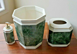 Porcelain Sage Marble Design Waste Basket, Tissue Holder &amp; Soap Dispenser - £38.88 GBP