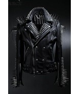 Men Steam Punk Style Black Long Spikes Studded Genuine Leather Jacket St... - £277.61 GBP