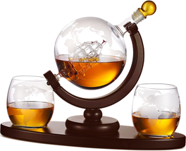  Liquor  Globe Set 2 Etched Whiskey Glasses Scotch Bourbon Vodka Gifts f... - $76.49