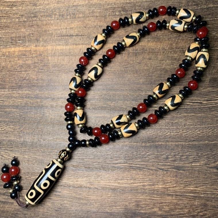 Vintage Old Tibetan Buddhism Prayer Beads Pure Eyes Dzi Agata, amuleto di onice - $78.35