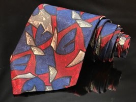 Domani Uomo Silk Geometric Neck Tie Navy Royal Blue Red Silver All Silk Classic - £15.73 GBP