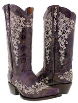 Womens Western Cowboy Boots Purple Leather Floral Embroidered Snip Toe Botas - £99.89 GBP