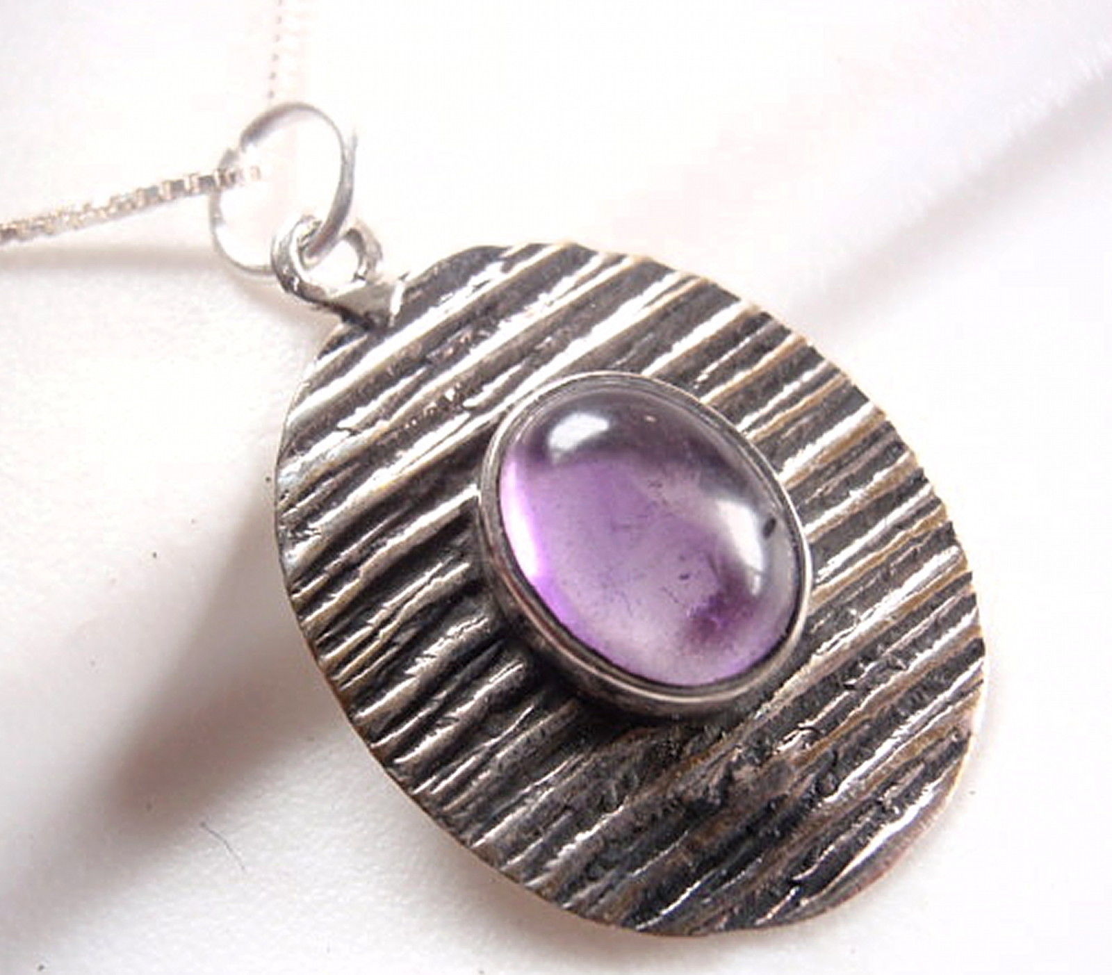Amethyst Ellipse on Etched Lines Pendant 925 Sterling Silver Oval New - $12.59