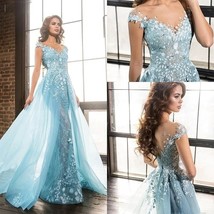 Beautiful Blue Lace Beaded Appliques Wedding Dress Court Train Long Luxury Eveni - £374.78 GBP