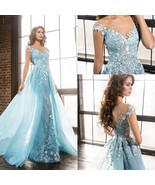 Beautiful Blue Lace Beaded Appliques Wedding Dress Court Train Long Luxu... - €404,68 EUR