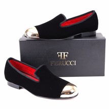 Handmade FERUCCI Men Plain Black Velvet with Gold Toe Slippers loafers d... - $1,900.49 MXN