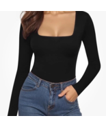 Mangopop Bodysuit Womens L Black Square Neck Stretchy Knit Neutral Basic... - $19.54 CAD