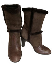 Hogan Suede/Leather Brown Boots Women&#39;s Size 5.5 Faux Fur Lining 3.5&quot; Heel - $39.60