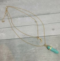Gold Tone Layered Choker Crescent Moon &amp; Turquoise Like Pendant Necklace - £5.69 GBP