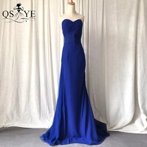 Simple Chiffon Royal Blue Evening Dresses Ruched Plain  Prom Gown Court Train El - £102.97 GBP