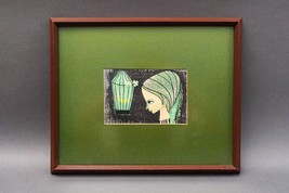 Shuzo Ikeda Japanese Girl Viewing Bird Canary In Cage Small Woodblock Print - £78.30 GBP