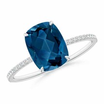 ANGARA Thin Shank Cushion London Blue Topaz Ring with Diamonds - £822.31 GBP