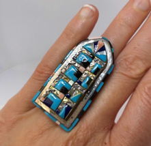 Turquoise Inlay Native American Indian Zuni Ring Large Turquoise Silver ... - $1,191.95