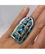 Turquoise Inlay Native American Indian Zuni Ring Large Turquoise Silver ... - $1,191.95