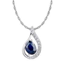 10k White Gold Genuine Oval Sapphire and Diamond Halo Drop Pendant Necklace - £119.89 GBP