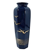 Otagiri Japan Seagull Porcelain Vase Painted Gold on Cobalt Blue 11 in Octagonal - £12.55 GBP