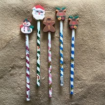 5 Christmas Pencils with Character Erasers Santa Snowman Gingerbread Reindeer - £3.82 GBP