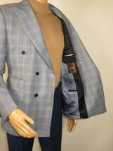Men's Mono Double Breasted Blazer Super 180s Wool 1523-02 Blue Brown Plaid image 4