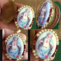 Immaculate Heart Virgin Mary Pendant Porcelain Cameo Rhinestone Prayer Locket  - £95.57 GBP