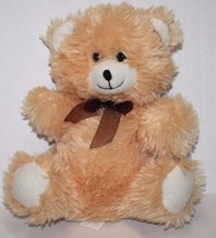 Greenbrier Teddy Bear 10&quot; Sits Light Orange Peach Tan Plush Brown Bow Soft Toy - £6.90 GBP