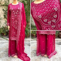 Pakistani Hot Pink Straight Style Embroidered Sequins Chiffon Sharara Dress,M - £95.65 GBP