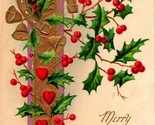 Vtg Postcard 1910s Unused - Merry Christmas Holly Horseshoe Embossed Hearts - $6.88