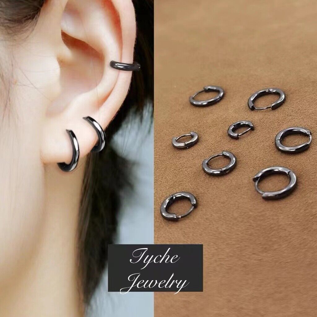 Black Round Huggie Hoop Earrings Women Men Surgical Steel Trendy Jewelry Gift - £7.48 GBP