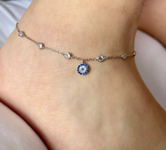 2 Ct Round Sapphire Lab-Created Moissanite Evil Eye Station Anklet IN 925 Silver - £99.62 GBP