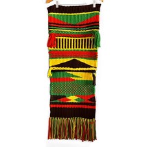 Handmade Macrame Wall Hanging Wool Multicolor Green Red Yellow Vintage 44x16&quot; - £35.58 GBP