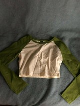 Shein Olive Green &amp; Cream Long Sleeved Cotton Crop Top Size Teen Girl Extra Smal - £7.58 GBP