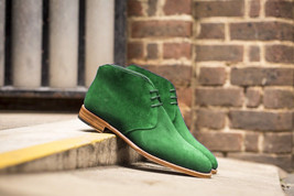 Rounded Toe Green Chukka Tan Sole Suede Leather Party Wear Laceup Men Boots - $2,788.14 MXN