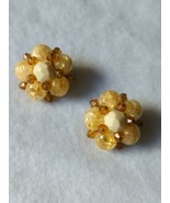 Vintage West Germany 1 1/4&quot; Flower Bead Cluster Earrings Amber Ivory Bei... - £11.34 GBP